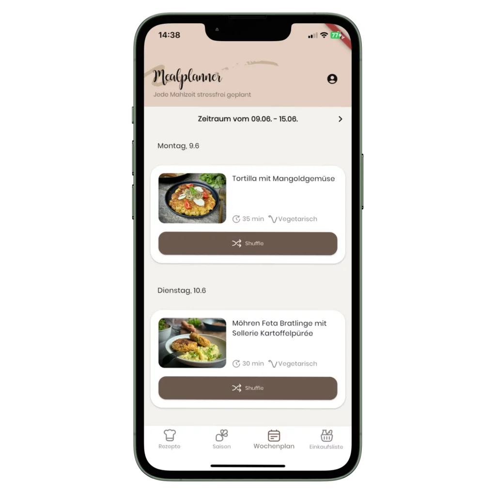 Screen mit dem Mealplanner