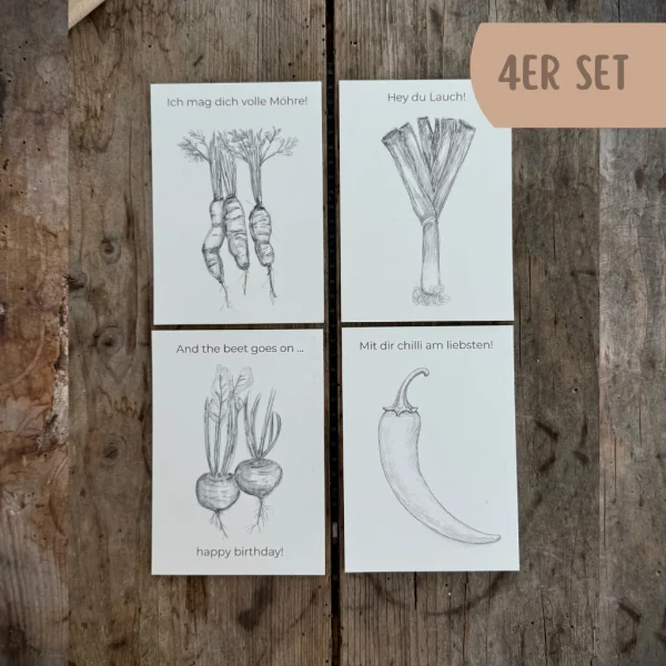 Postkarten 4er Set Gemüse mit Sprüchen zum Ausmalen