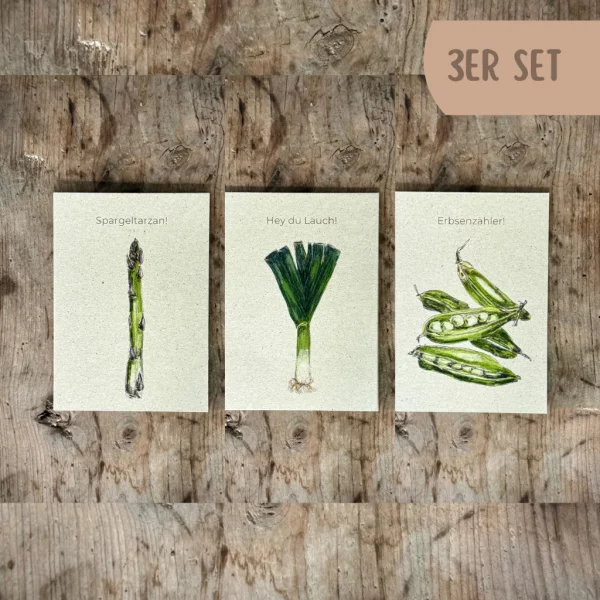 Postkarten 3er Set Gemüse mit Sprüchen